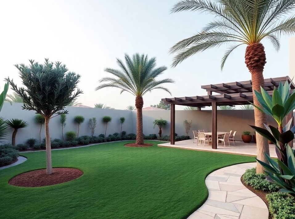 surrounding the work area, modern Dubai villa softly blurred in background, warm natural morning sunlight,