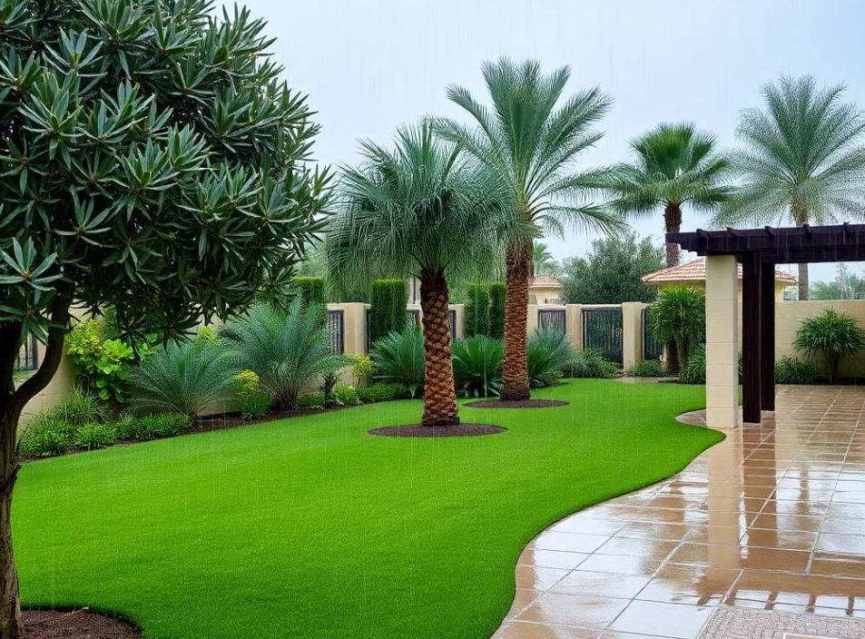 and structured garden borders surrounding the work area, elegant modern villa softly blurred behind them,