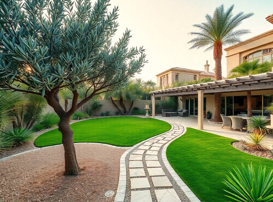 horticulture specialists wearing crisp green Greenapex landscaping uniforms, actively planting a young ornamental shade tree in the landscaped garden of an upscale Liwan Dubai villa, one worker carefully positioning the