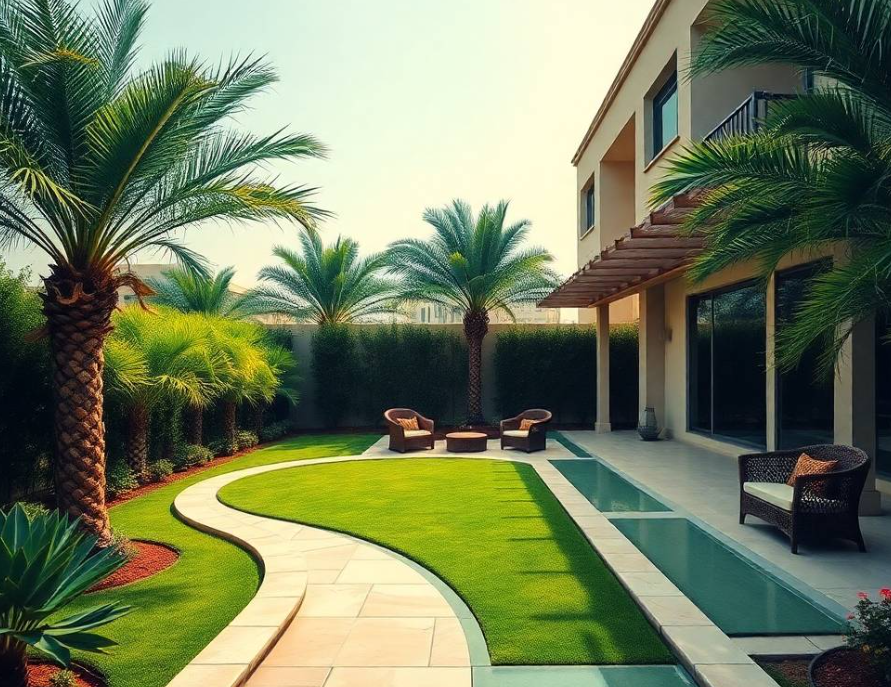 Greenapex creates custom gardens in Haven by Aldar Dubai with ornamental trees, planting beds, lawn care and irrigation solutions for modern villas.