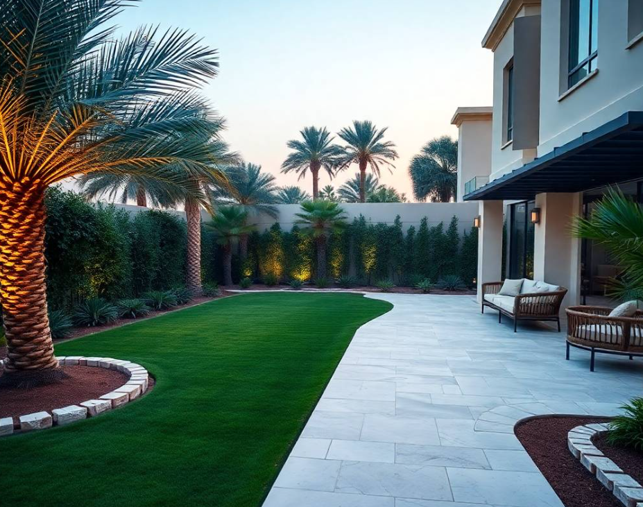 Greenapex creates modern gardens in Palm Jebel Ali Dubai with ornamental trees, coastal planting, lawn care and dependable irrigation maintenance.