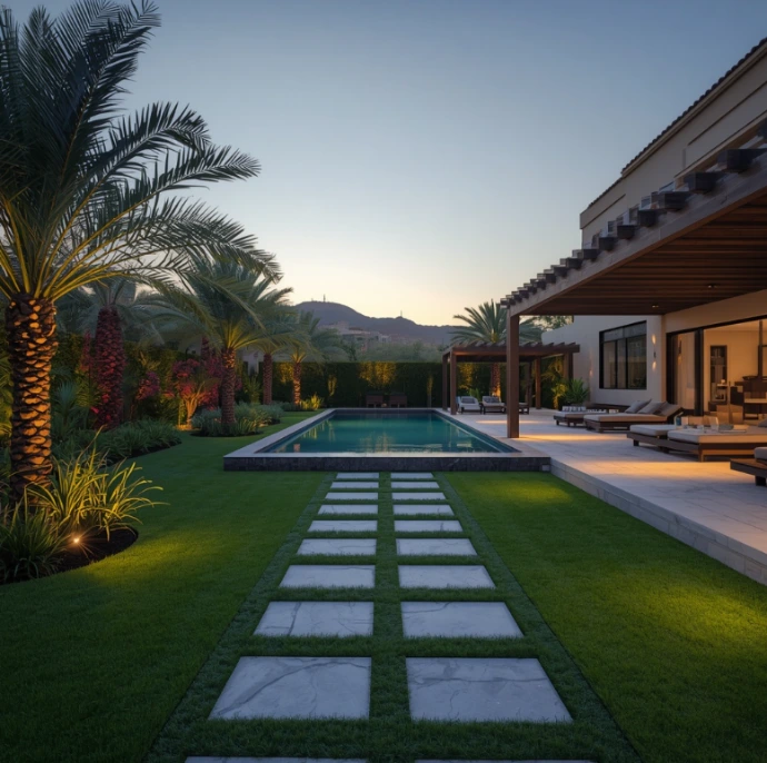 Professional landscaping services in Emirates Hills Dubai delivering custom garden designs, premium lawn care, irrigation solutions, and stunning outdoor living environments.