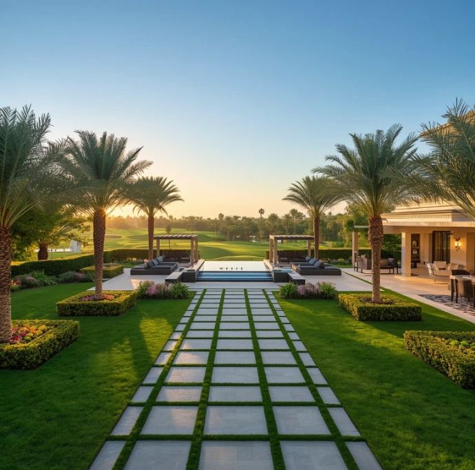 Transform your Jumeirah Golf Estates villa with elite landscaping, elegant gardens, healthy lawns, palm trees, and expert maintenance services throughout every season.
