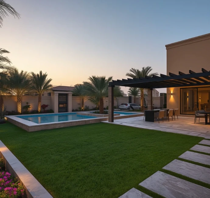 Custom landscaping and gardening services in Tilal Al Ghaf Dubai creating luxury gardens, lush lawns, irrigation systems, elegant outdoor spaces, and lasting beauty.