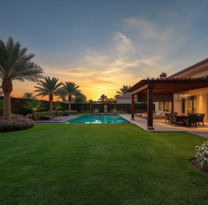 Creative landscaping and gardening services in Jumeirah Park Dubai designing luxury gardens, lush lawns, irrigation systems, elegant outdoor spaces, and beautiful green environments.