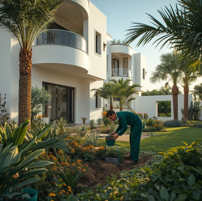 Professional landscaping and gardening services in Shakhbout City Abu Dhabi creating luxury gardens, lush lawns, irrigation systems, outdoor spaces, and expert maintenance solutions.